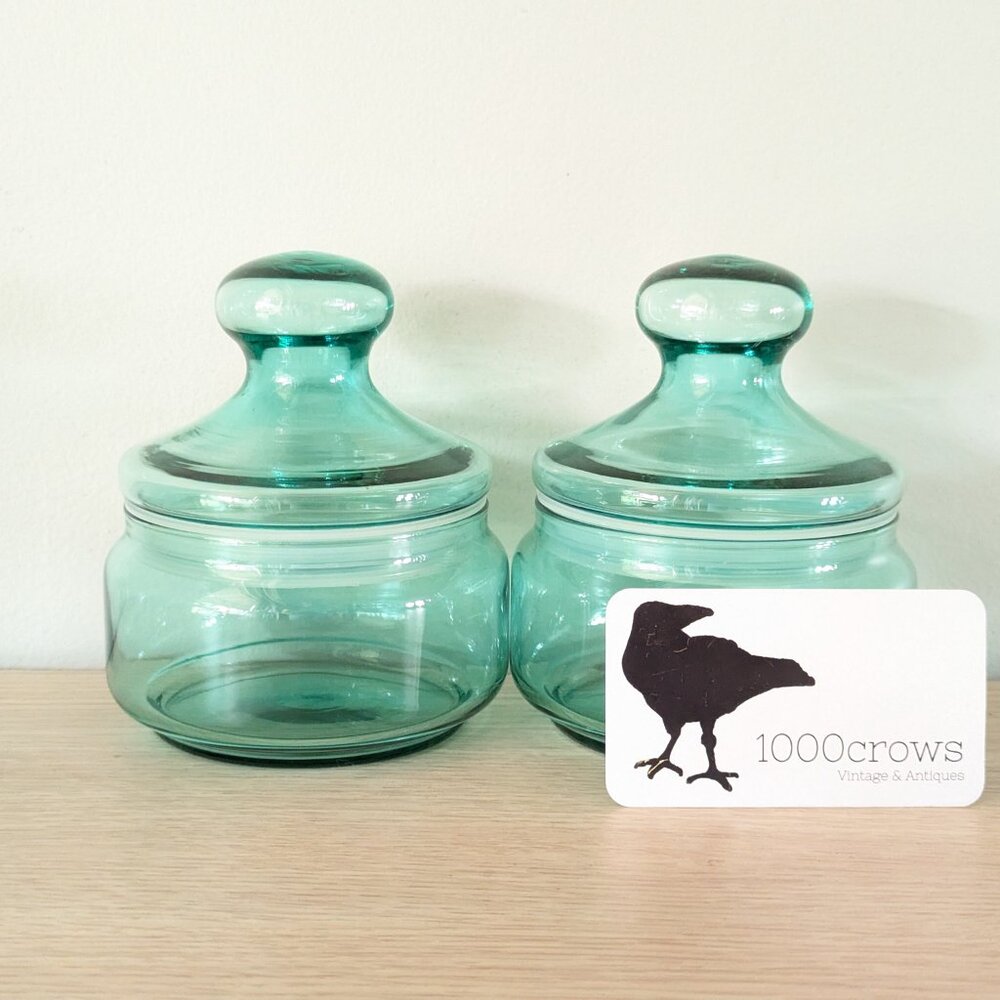 Vintage 2 LUMINARC aqua blue glass storage jars, Coastal FRENCH apothecary jars